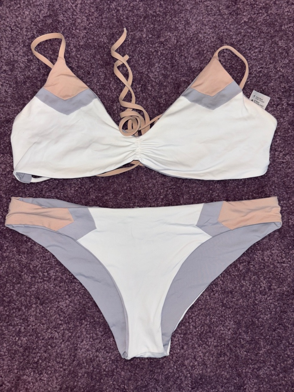 Colorblock Triangle Bikini Set in White, Blush & Light Gray